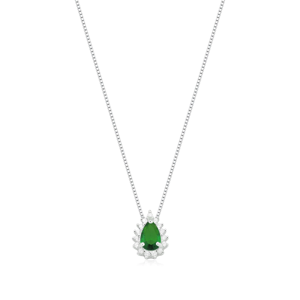Colar de Prata Ponto de Luz Gota Verde Cravejado