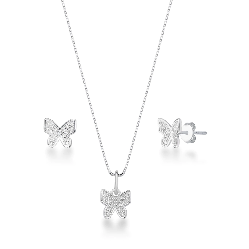 Conjunto de Prata Borboleta Cravejada