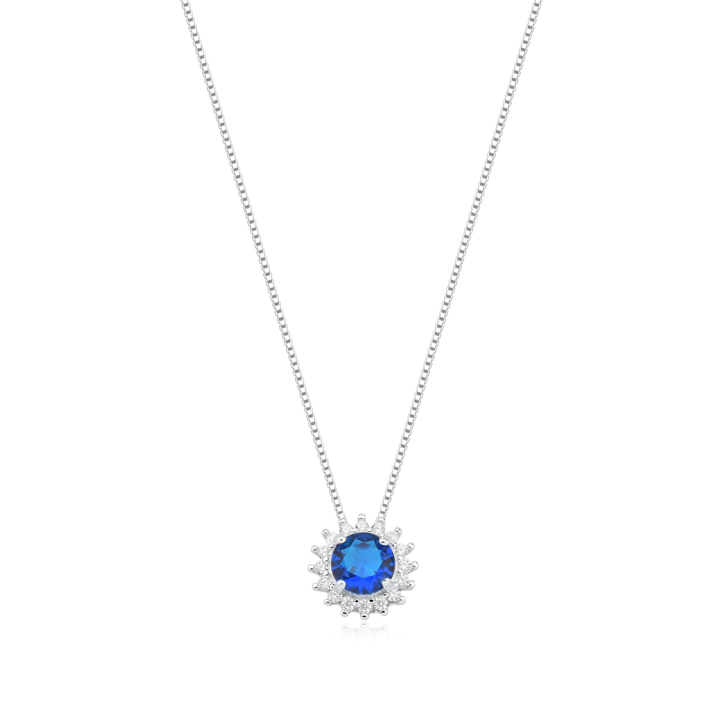 Colar de Prata Ponto de Luz Redondo Azul Cravejado