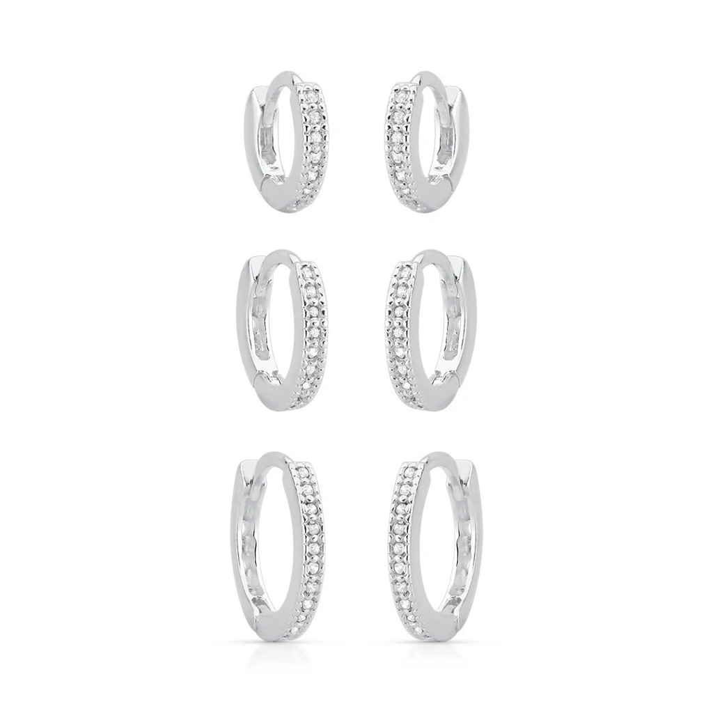Trio de Argola de Prata Cravejado Uma Fileira