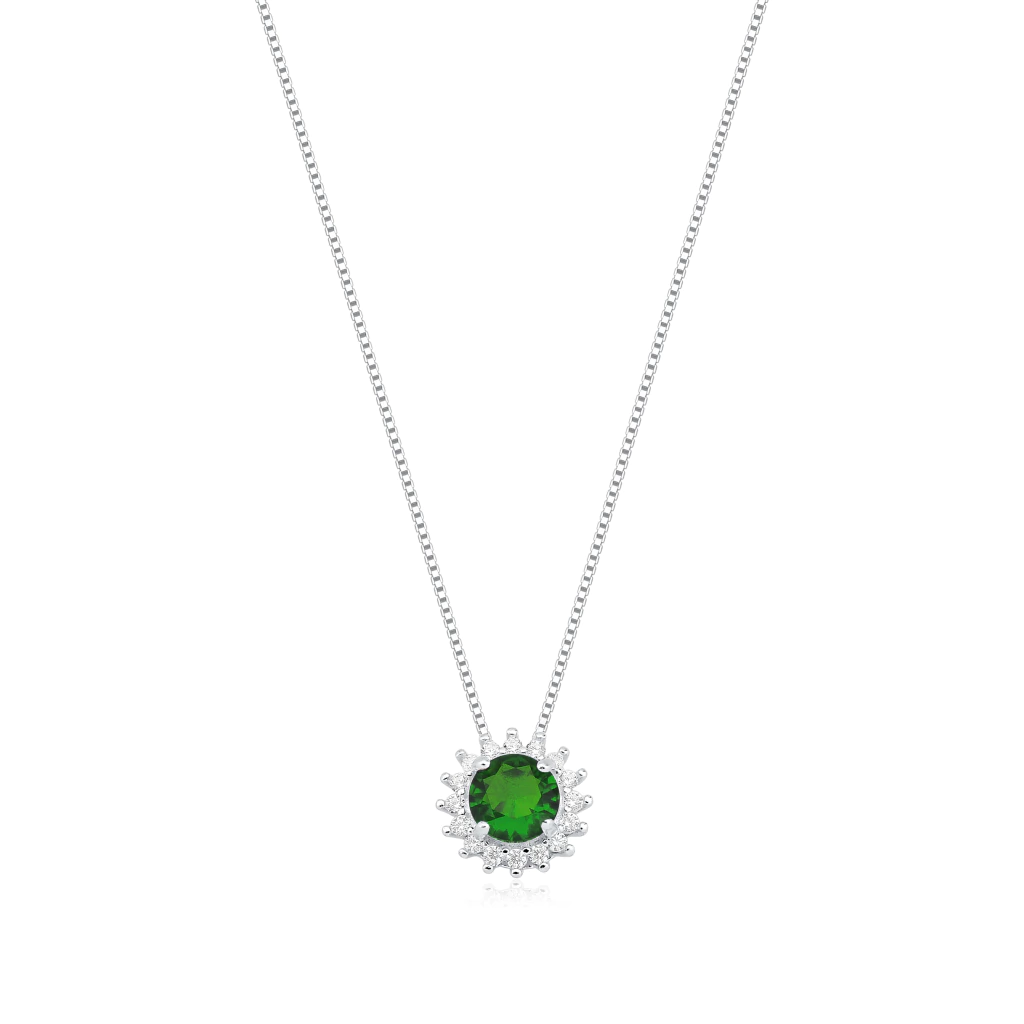 Colar de Prata Ponto de Luz Redondo Verde Cravejado