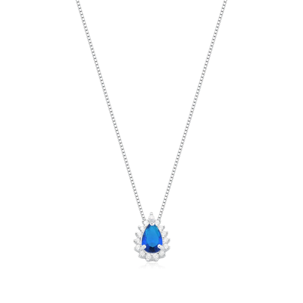Colar de Prata Ponto de Luz Gota Azul Cravejado