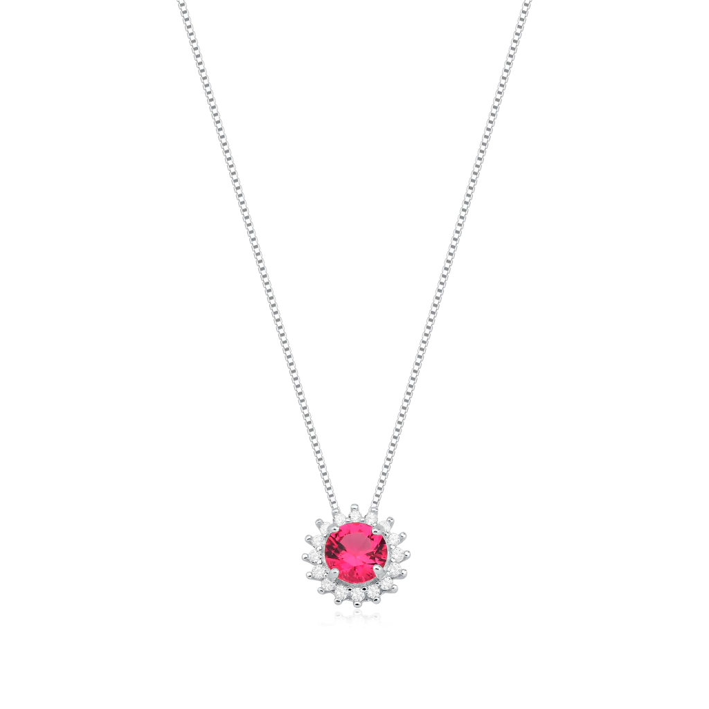 Colar de Prata Ponto de Luz Redondo Pink Cravejado